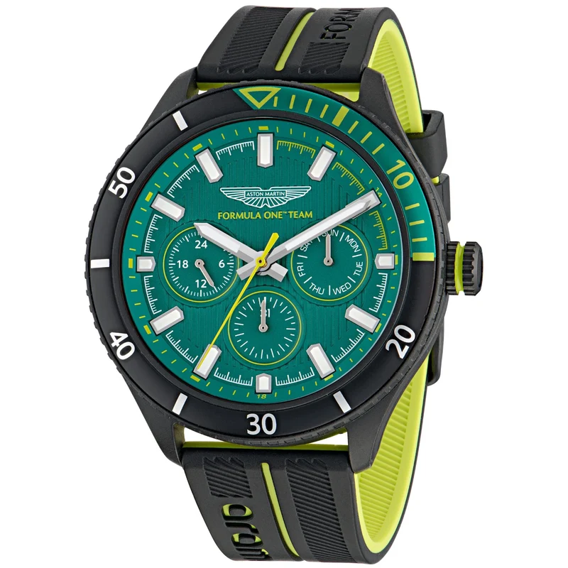 Aston Martin Formula One Team 46mm Chronograph Green Dial Black and Lime Essence Silicone Strap Mens Quartz Watch MTFP1F503