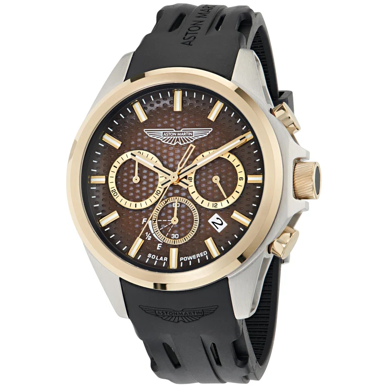 Aston Martin Thrill HLC 44mm Chronograph Two Tone RSST Case Light Brown Dial Black Silicone Strap Mens Solar Watch MTRH2S605