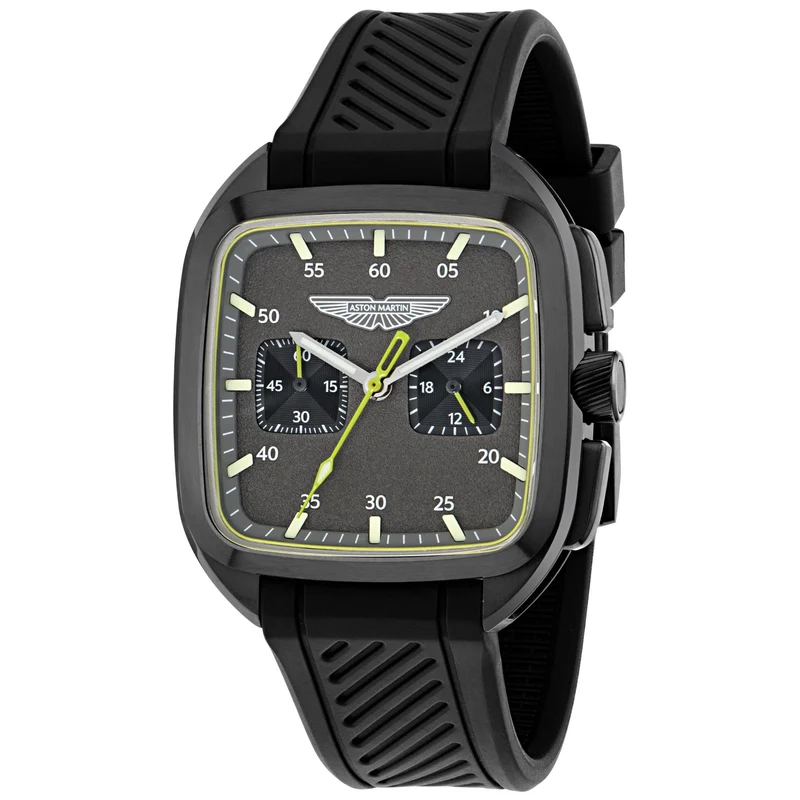 Aston Martin Icon ULT 40.5mm Chronograph IP Black RSST Case Grey Dial Black Silicone Strap Mens Quartz Watch MTIU1S605