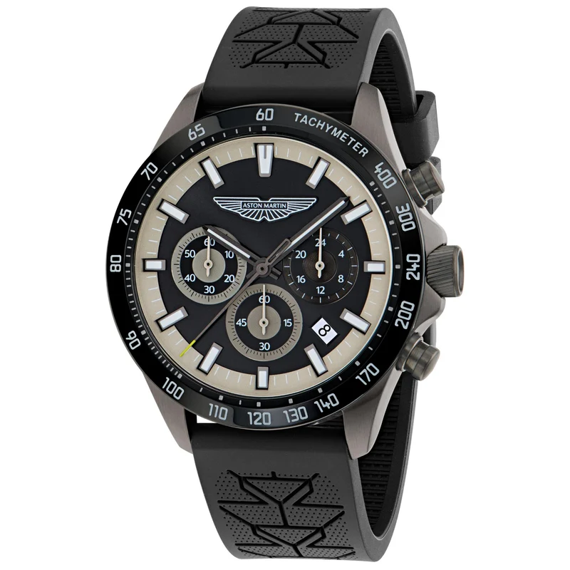 Aston Martin Icon SPT 44mm Chronograph IP Gun RSST Case Black Dial Black Silicone Strap Mens Quartz Watch MTIS2S606