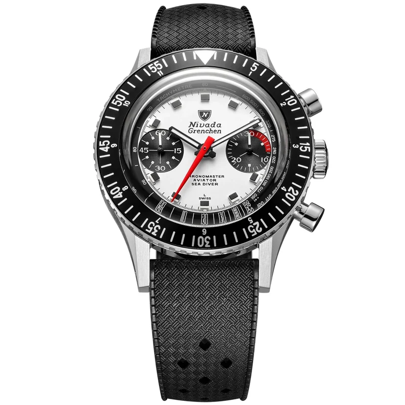 Nivada Grenchen Chronomaster 38mm Chronograph White Panda Dial Rubber Mens Manual-Wind Watch 86054M01LC