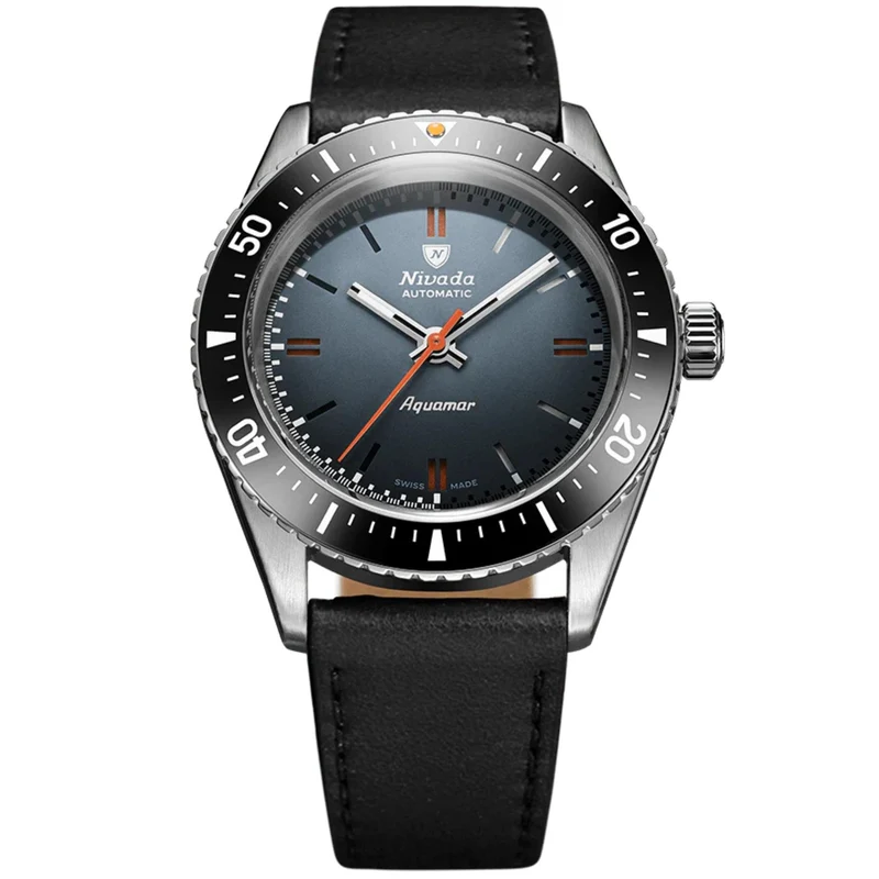 Nivada Grenchen Aquamar 38mm Grey Dial Leather Mens Automatic Watch 32077A17