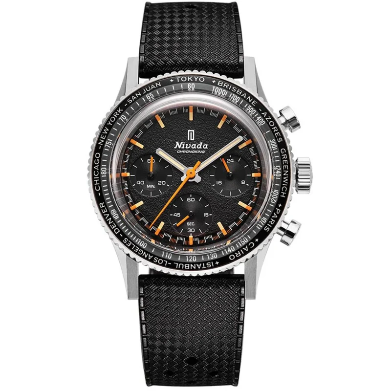 Nivada Grenchen Chronoking Mecaquartz 38mm Chronograph GMT Black Dial Rubber Mens Quartz Watch 87042Q01