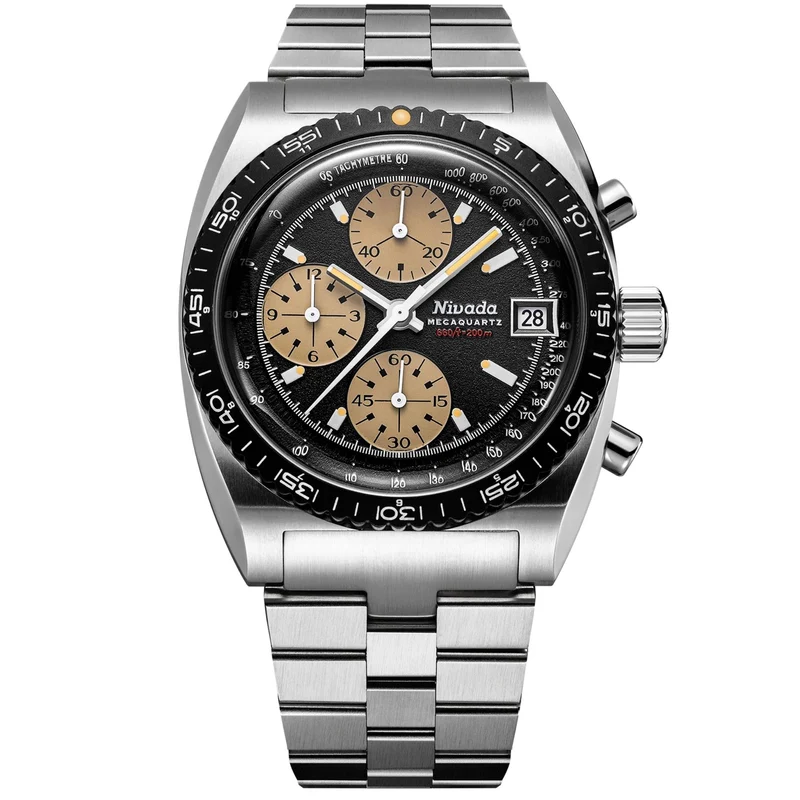 Nivada Grenchen Autochron Mecaquartz 38mm Chronograph Black Dial Steel Mens Quartz Watch 77001Q45