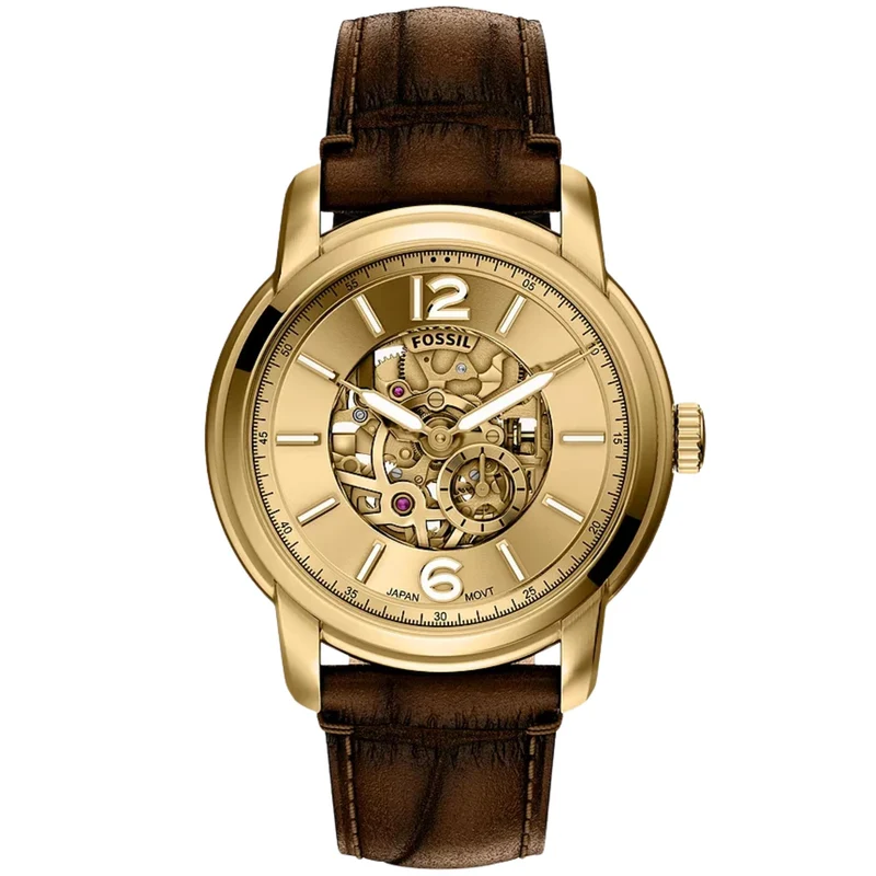 Fossil Heritage 44mm Gold Dial Leather Mens Automatic Watch ME3279