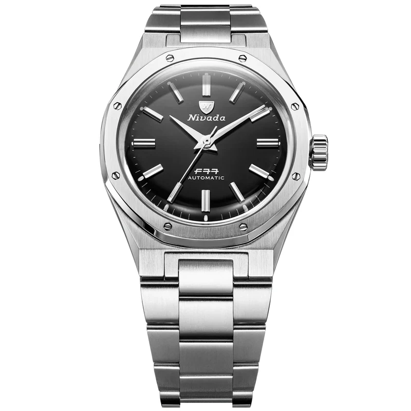 Nivada Grenchen F77 MK2 38mm Black Onyx Dial Steel Mens Automatic Watch 68035A77