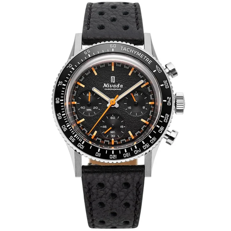 Nivada Grenchen Chronoking Mecaquartz 38mm Chronograph Matte Black Leather Mens Manual-Wind Watch 87040Q10