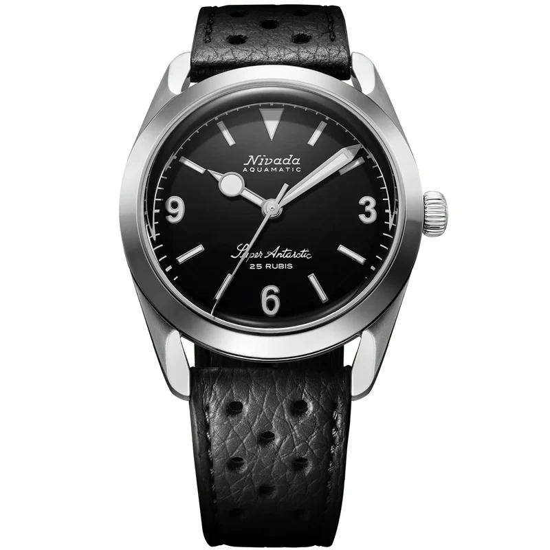 Nivada Grenchen Super Antarctic 3.6.9 38mm White Luminous Black Dial Leather Mens Automatic Watch 32039A10