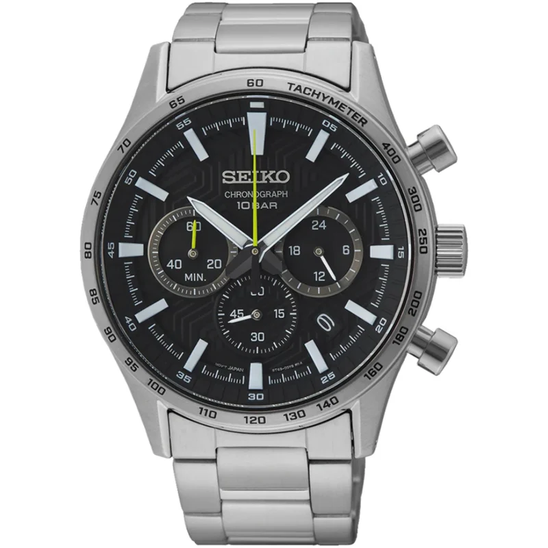 Seiko Essentials 43mm Chronograph Black Dial Steel Mens Quartz Watch SSB413P1