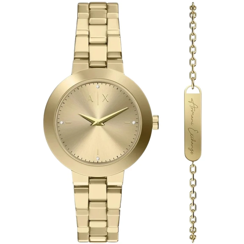 Armani Exchange Jackie 36mm Gold Dial Steel Ladies Quartz Watch and Bracelet AX7177SET