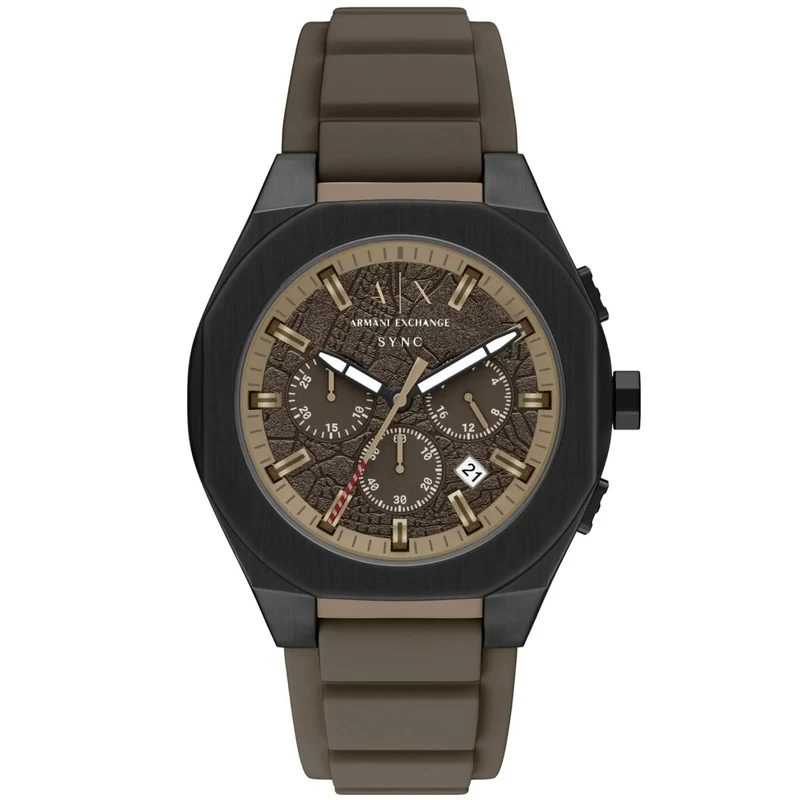 Armani Exchange Sync 44mm Chronograph Brown Dial Silicone Mens Quartz Watch AX4293