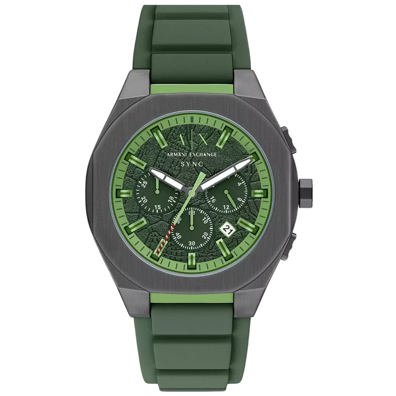 Armani Exchange Sync 44mm Chronograph Green Dial Silicone Mens Quartz Watch AX4292