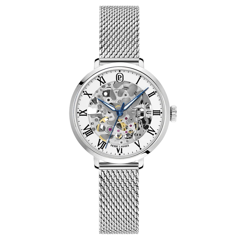 Montre Automatique Argentée Cadran Blanc Bracelet Milanais Acier Argenté 14 Mm