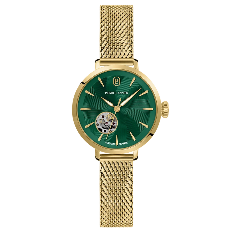 Montre Automatique Femme SOLINE Doré Cadran Vert Bracelet Acier Milanais 12 Mm