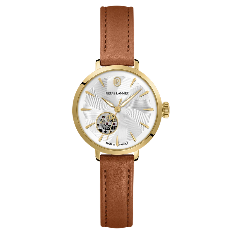 Montre Automatique Femme Soline Doré Cadran Argenté Bracelet Cuir Brun 12 Mm