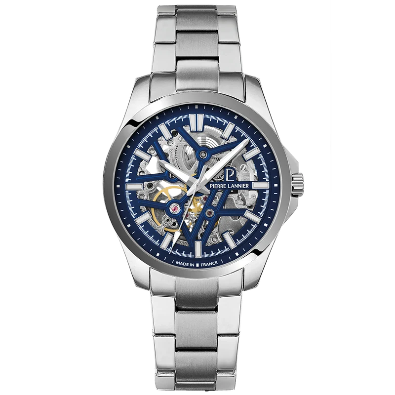 Montre Automatique Homme Skeletom Cadran Bleu Bracelet Acier Argenté 20 mm