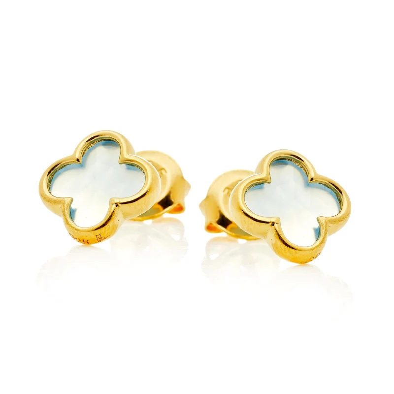 Clous D'Oreilles Trèfle Avec Calcédoine Bleue Teintée En Argent Doré 925