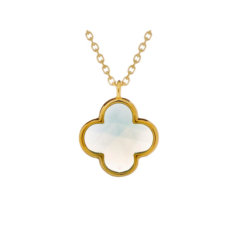 Collier Trèfle Calcédoine Bleue Teintée Argent Doré Longueur Ajustable 42 45 cm