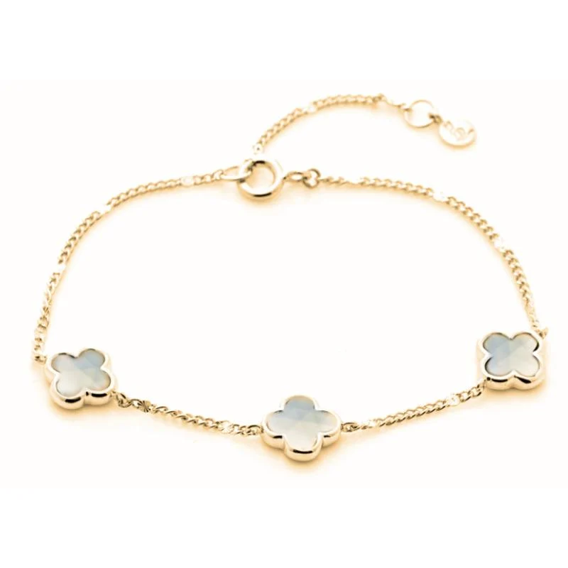 Bracelet Trèfle Calcédoine Bleue Teintée en Argent Doré 925