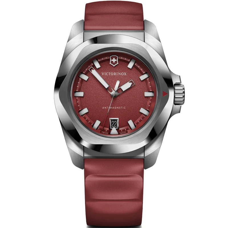 Victorinox I.N.O.X. 41mm Red Grainy Dial Rubber Mens Quartz Watch 242029
