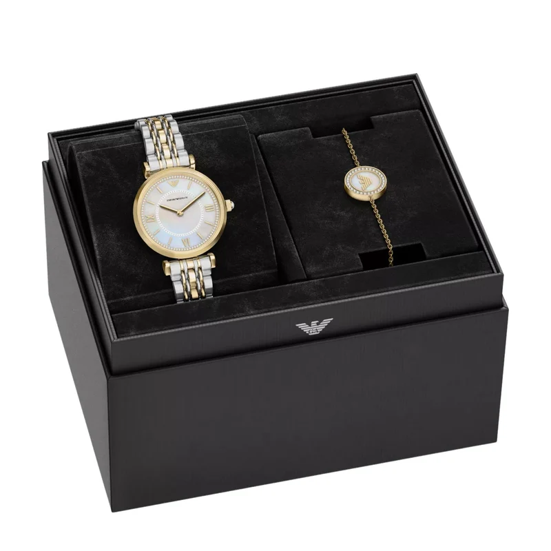 Emporio Armani Gianni T-Bar 32mm White Mother of Pearl Dial Steel Quartz Watch Set AR80086SET