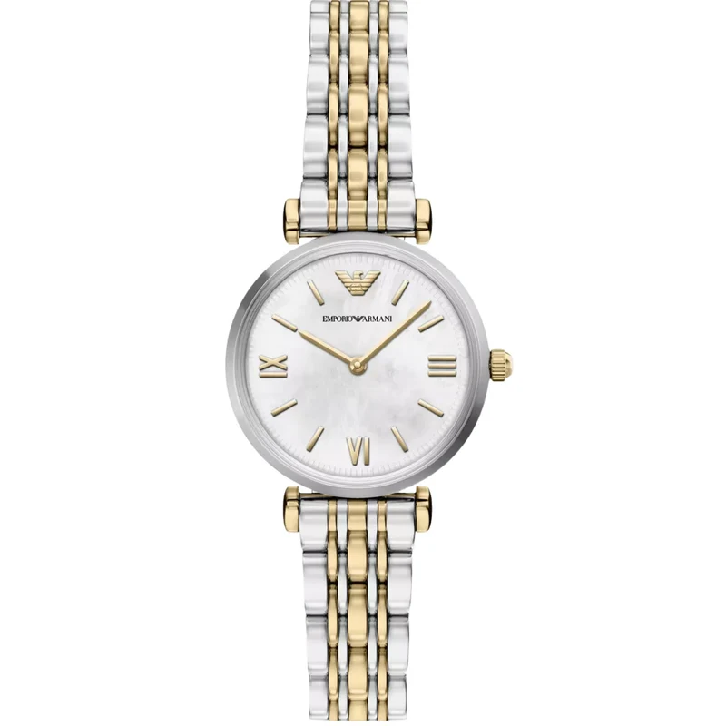Emporio Armani Gianni T-Bar 28mm White Mother of Pearl Dial Steel Ladies Quartz Watch AR11769