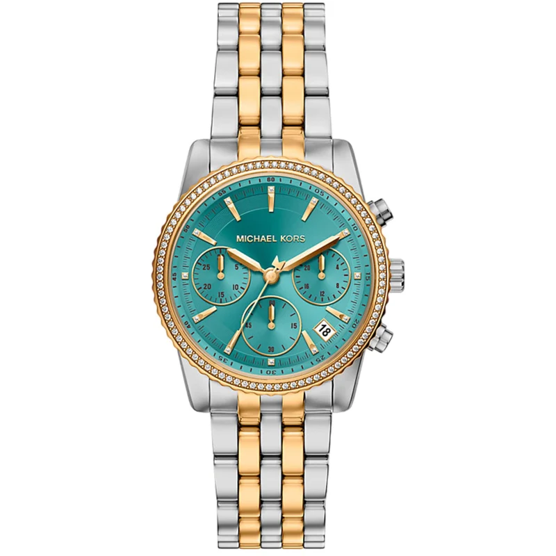 Michael Kors Bryant Pave Chronograph Blue Dial Steel Strap Women's Watch MK7582