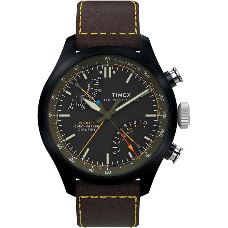 Timex Waterbury 43mm Chronograph Black Dial Leather Mens Quartz Watch TW2Y70100
