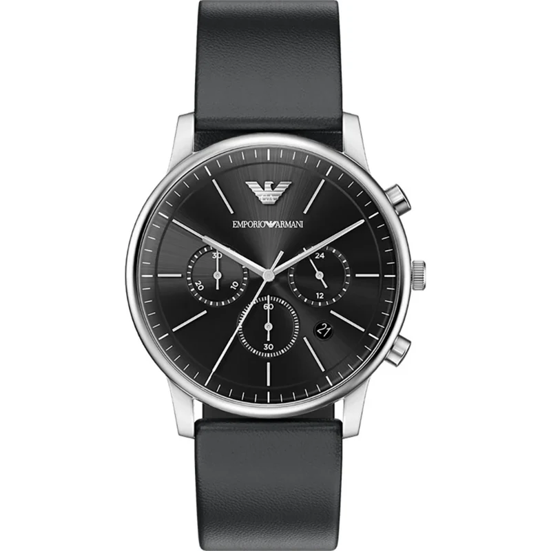 Emporio Armani Minimalist 42mm Chronograph Black Dial Leather Mens Quartz Watch AR11774