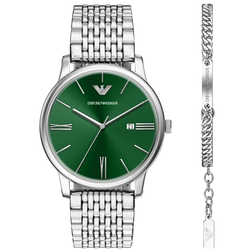 Emporio Armani Minimalist 42mm Green Dial Steel Mens Quartz Watch AR80087SET