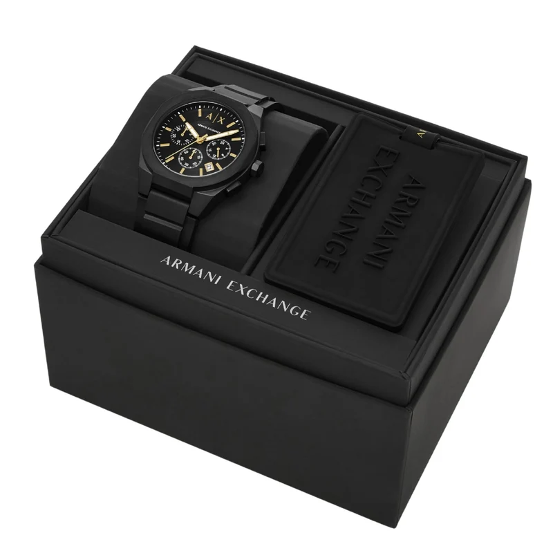 Armani Exchange Sync 42mm Chronograph Black Dial Silicone Mens Quartz Watch and Luggage Tag AX7165SET