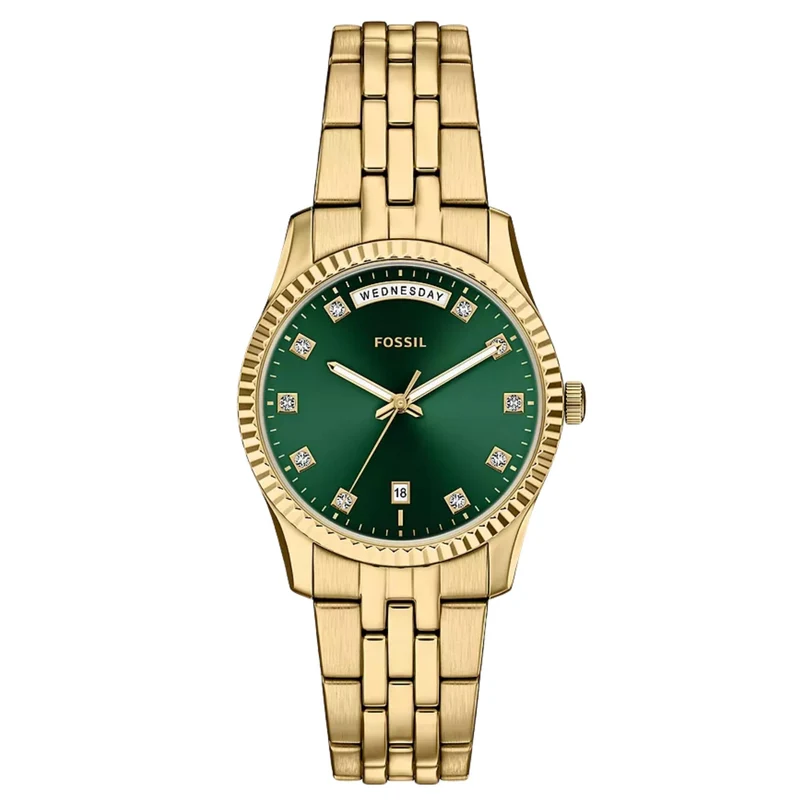 Fossil Scarlette 34mm Green Dial Steel Ladies Quartz Watch ES5460