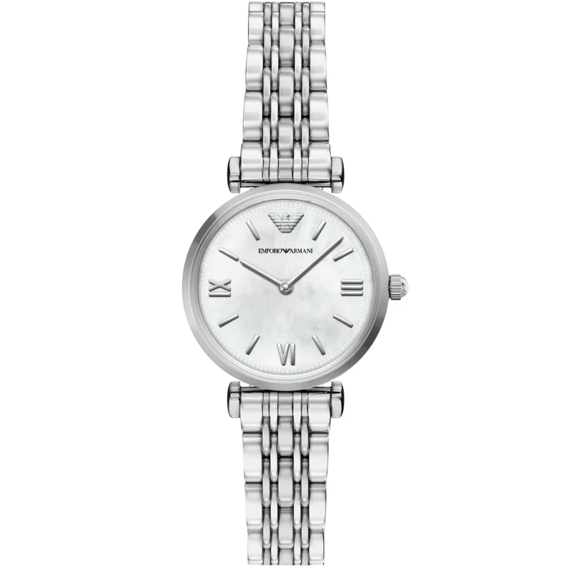 Emporio Armani Gianni T-Bar 28mm White Mother of Pearl Dial Steel Ladies Quartz Watch AR11768