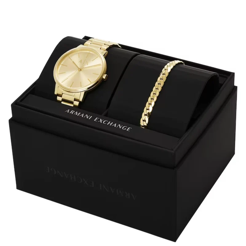 Armani Exchange Cayde 42mm Gold Dial Steel Mens Quartz Watch and Bracelet AX7144SET