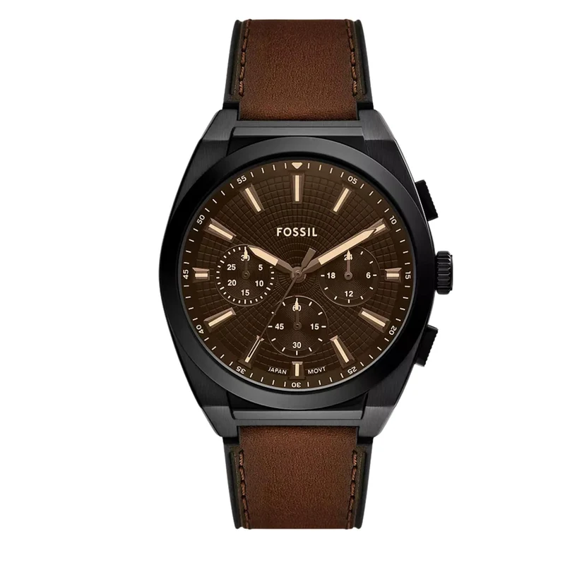 Fossil Everett 44mm Chronograph Black Dial Leather Mens Quartz Watch FS6108