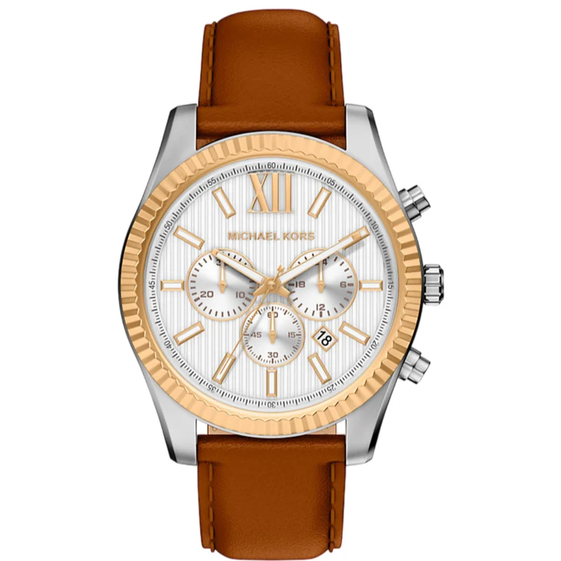 Michael Kors Lexington 45mm Chronograph Silver Dial Leather Mens Quartz Watch MK9257