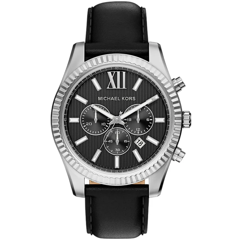 Michael Kors Lexington 45mm Chronograph Black Dial Leather Mens Quartz Watch MK9256