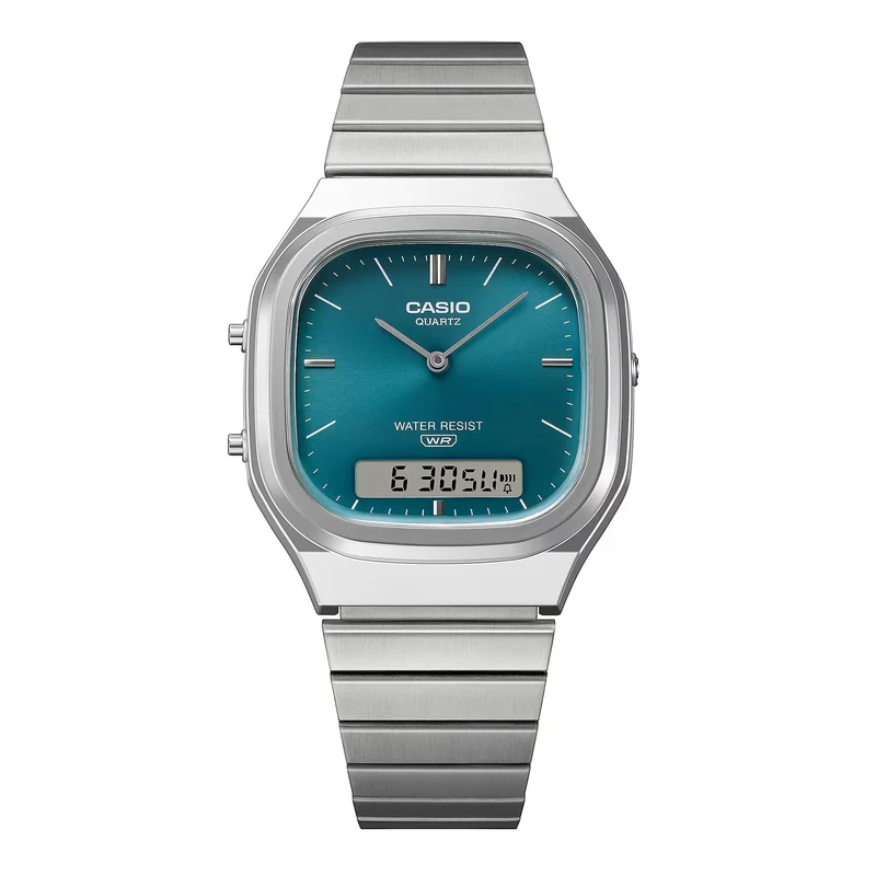 Casio Vintage Quartz Green Digi-Analogue Steel Strap Watch AQ-240E-3AEF