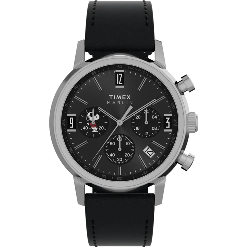 Timex Peanuts 40mm Chronograph Black Dial Leather Mens Quartz Watch TW2Y48500