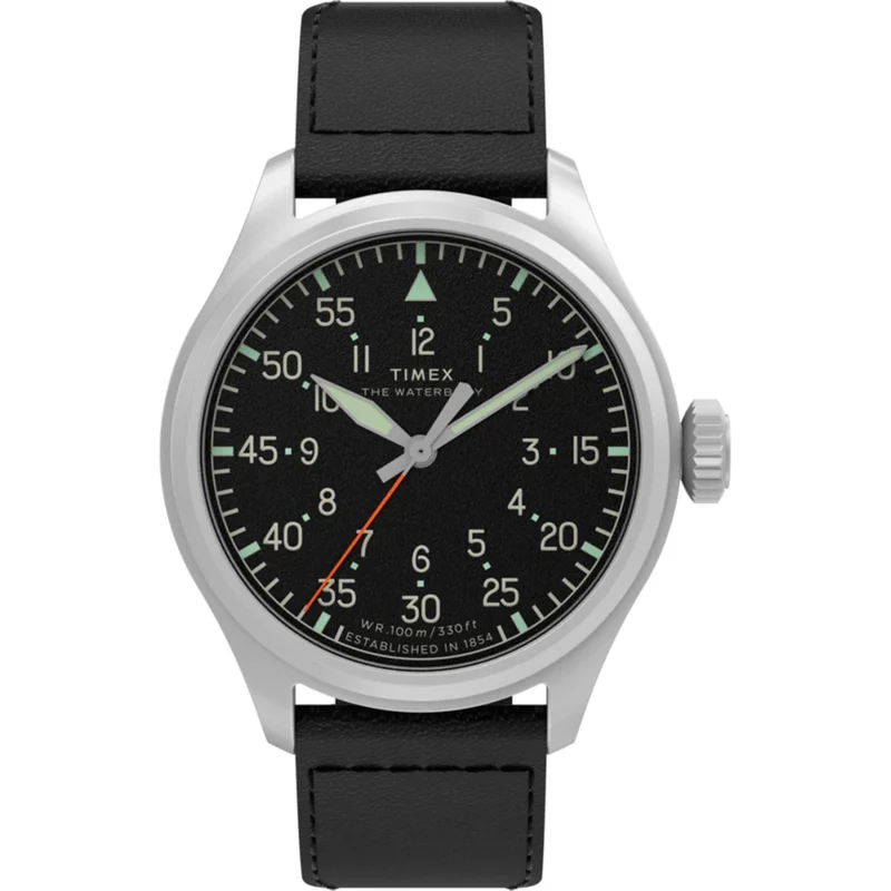 Timex Waterbury 41mm Black Dial Leather Mens Quartz Watch TW2Y70400