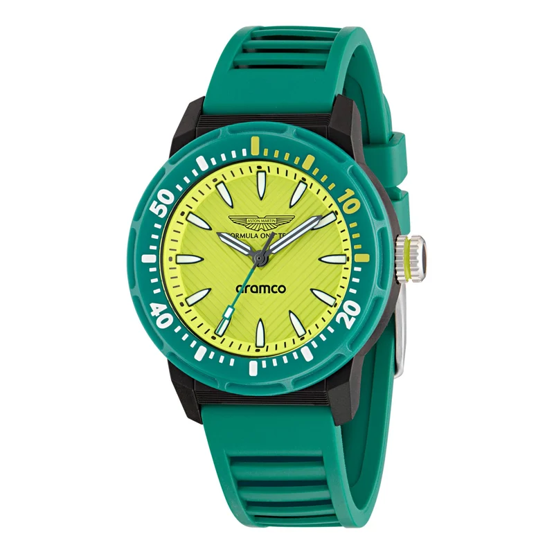 Aston Martin Aramco Formula One Team Yellow Dial Podium Green Silicone Watch MTFK1F501