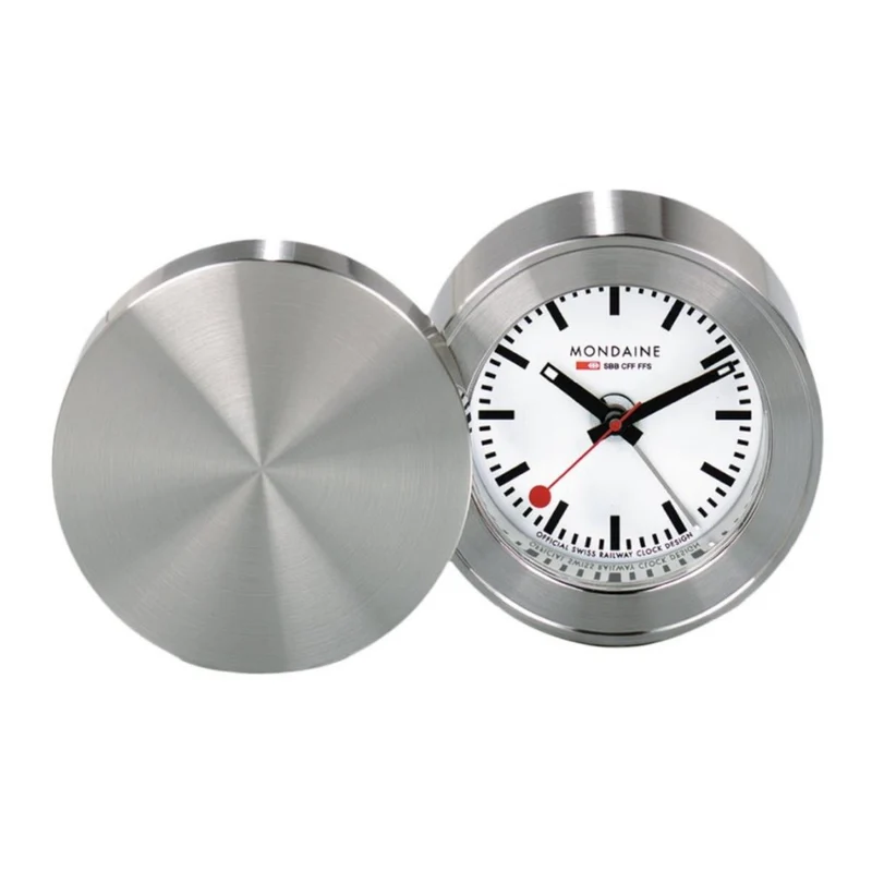 Mondaine Classic 50mm Silver Frame Travel White Dial Alarm Clock MSM.64411