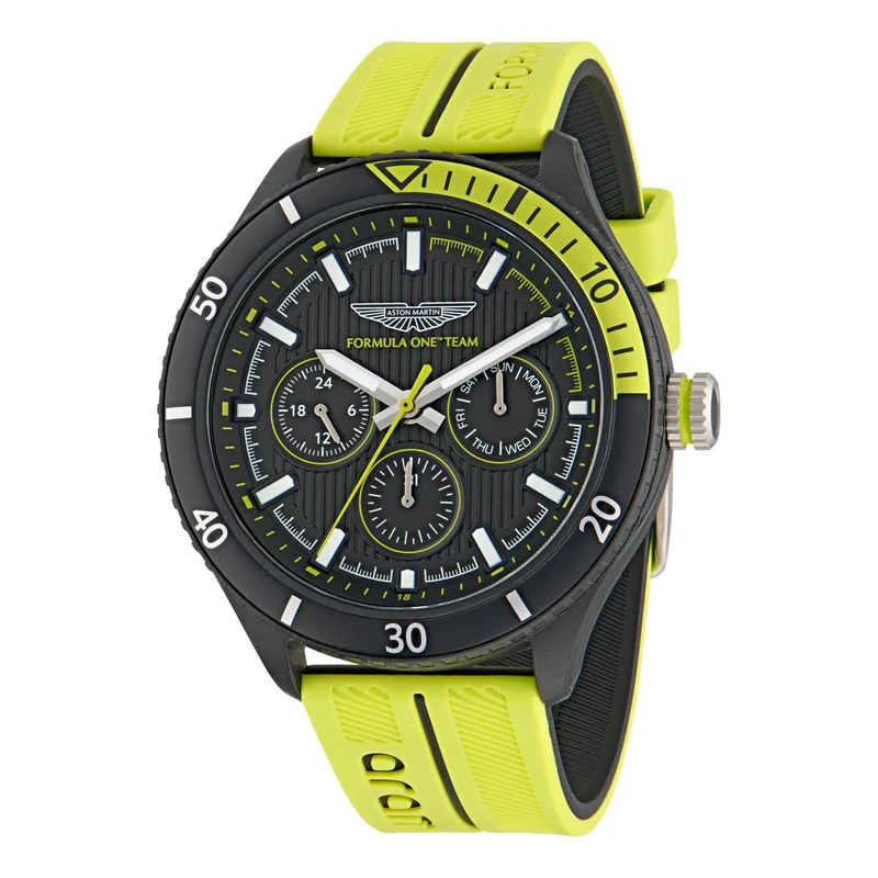 Aston Martin Aramco Formula One Team Quartz Chronograph Black Dial Yellow and Black Silicone Strap Men's Watch MTFP1F502