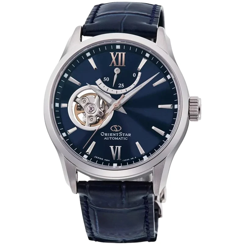 Orient Star Semi Skeleton 39mm Power Reserve Blue Dial Leather Mens Automatic Watch RE-AT0006L00B