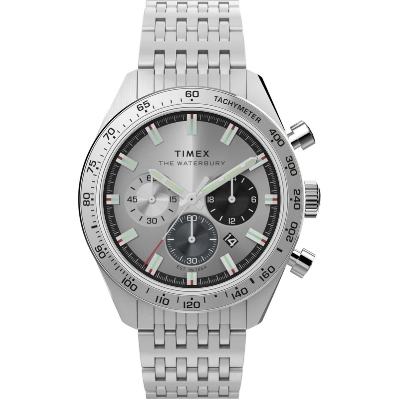 Timex Waterbury 41mm Chronograph Silver Dial Steel Mens Quartz Watch TW2Y18700
