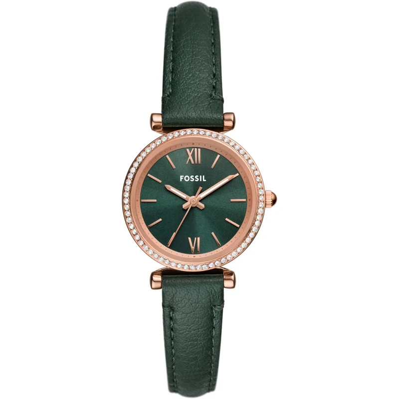 Fossil Carlie 28mm Green Dial Leather Ladies Quartz Watch ES5370