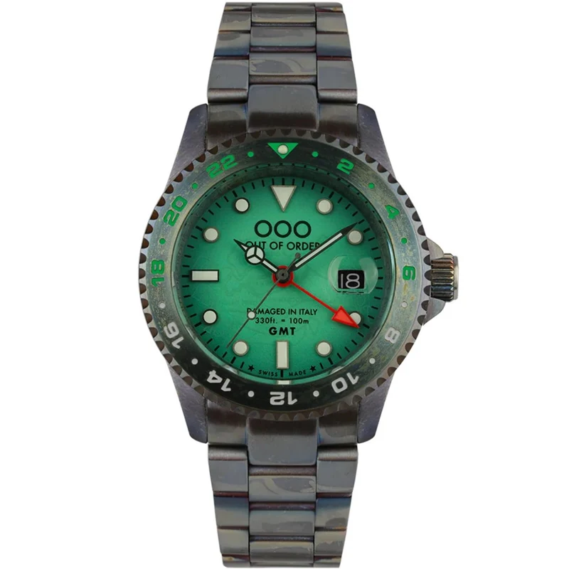 Out of Order Swiss Made GMT Venezia Ultra Distressed Green Dial Steel Strap Men's Watch OOO.001-19.VE
