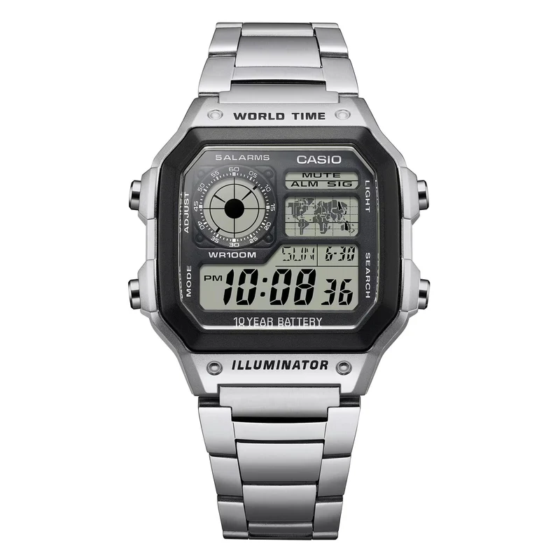 Casio Vintage World Timer Quartz Digital Steel Strap Men's Watch AE-1200WHD-1AVEF