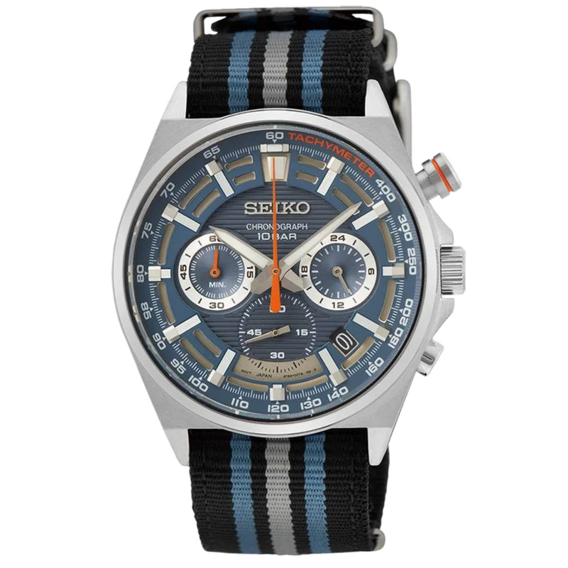 Seiko Essentials 41mm Chronograph Blue Dial Nylon Mens Quartz Watch SSB409P1