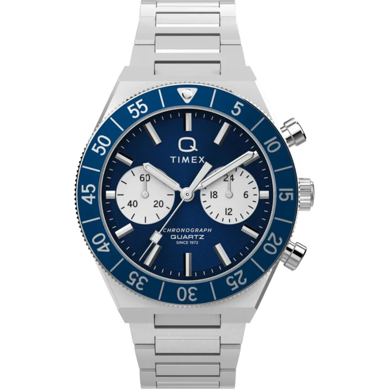 Timex Q 40mm Continental Chronograph Blue Dial Steel Mens Quartz Watch TW2Y55900